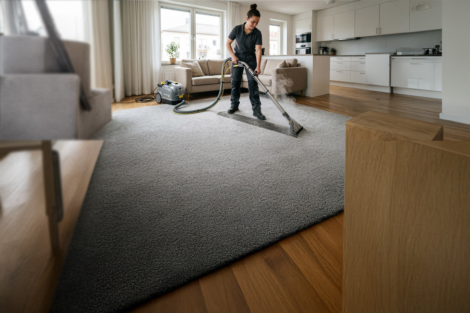 A cleaner steaming a carpet in a living room